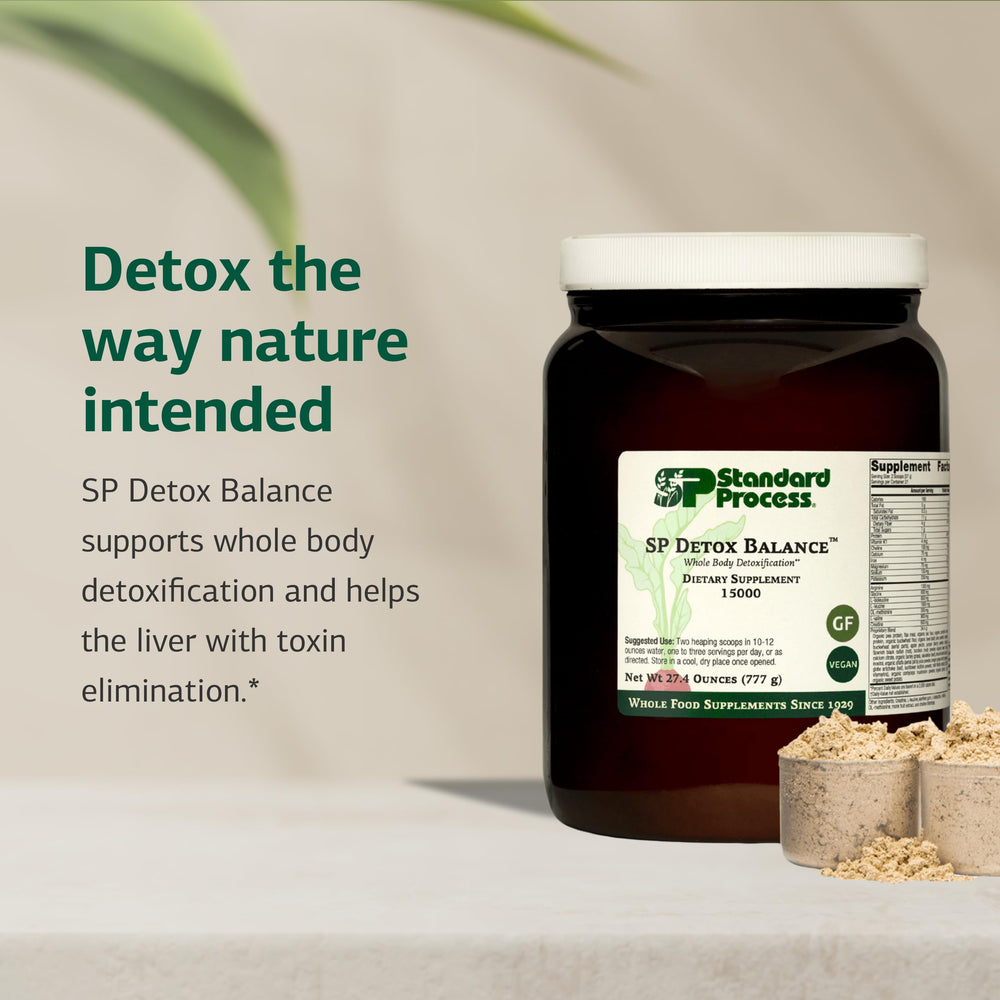 SP Detox Balance ingredients panel showcasing iron-rich, gluten-free plant components