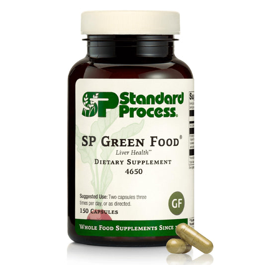 Standard Process SP Green Food bottle with alfalfa leaves for daily nutritional support.