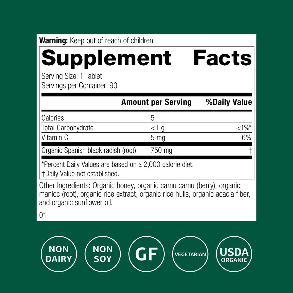 Standard Process Spanish Black Radish tablets arranged for daily digestion support.