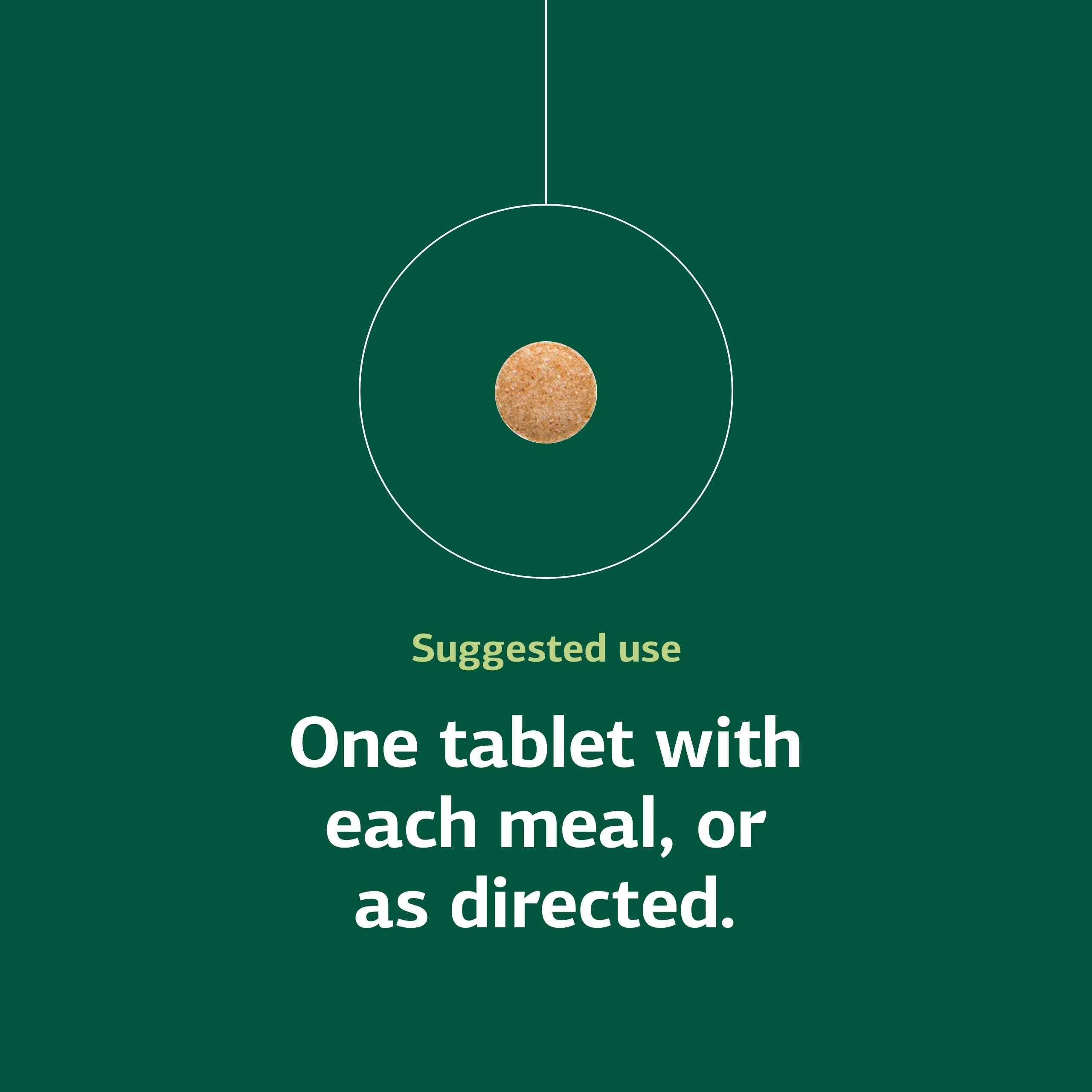 Tablets in hand illustrate easy one-per-meal use.