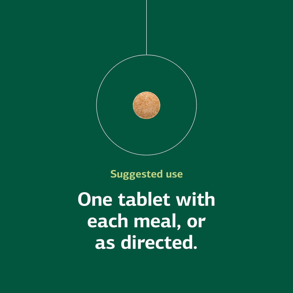 Tablets in hand illustrate easy one-per-meal use.