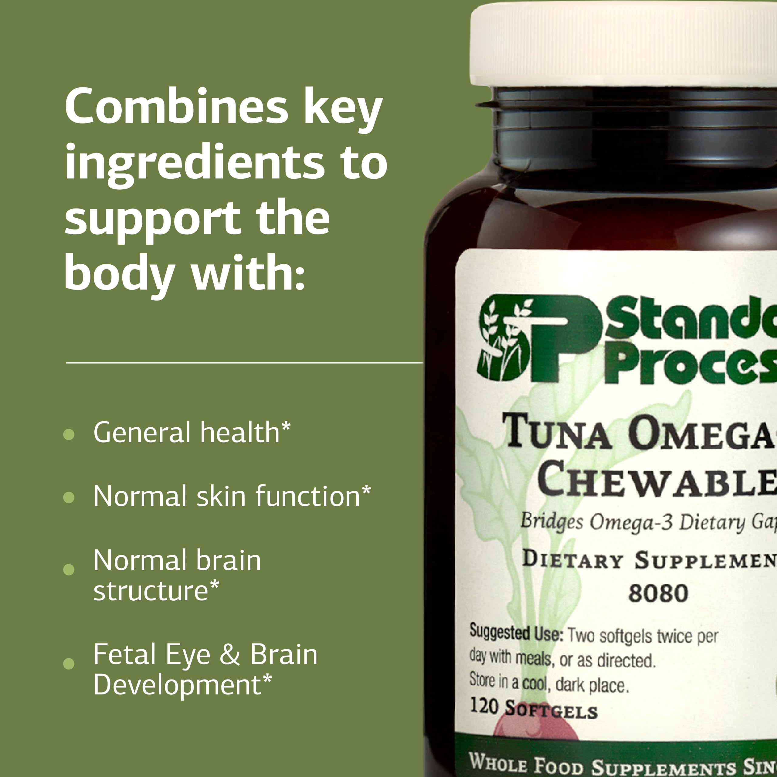 Standard Process Tuna Omega-3 Chewable key ingredients including DHA for brain support.