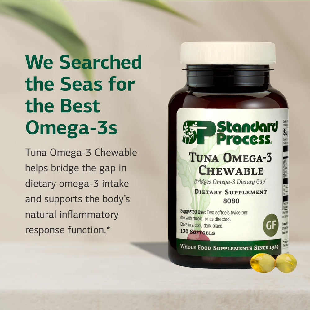 Standard Process Tuna Omega-3 Chewable softgels close-up, showing chewable form.