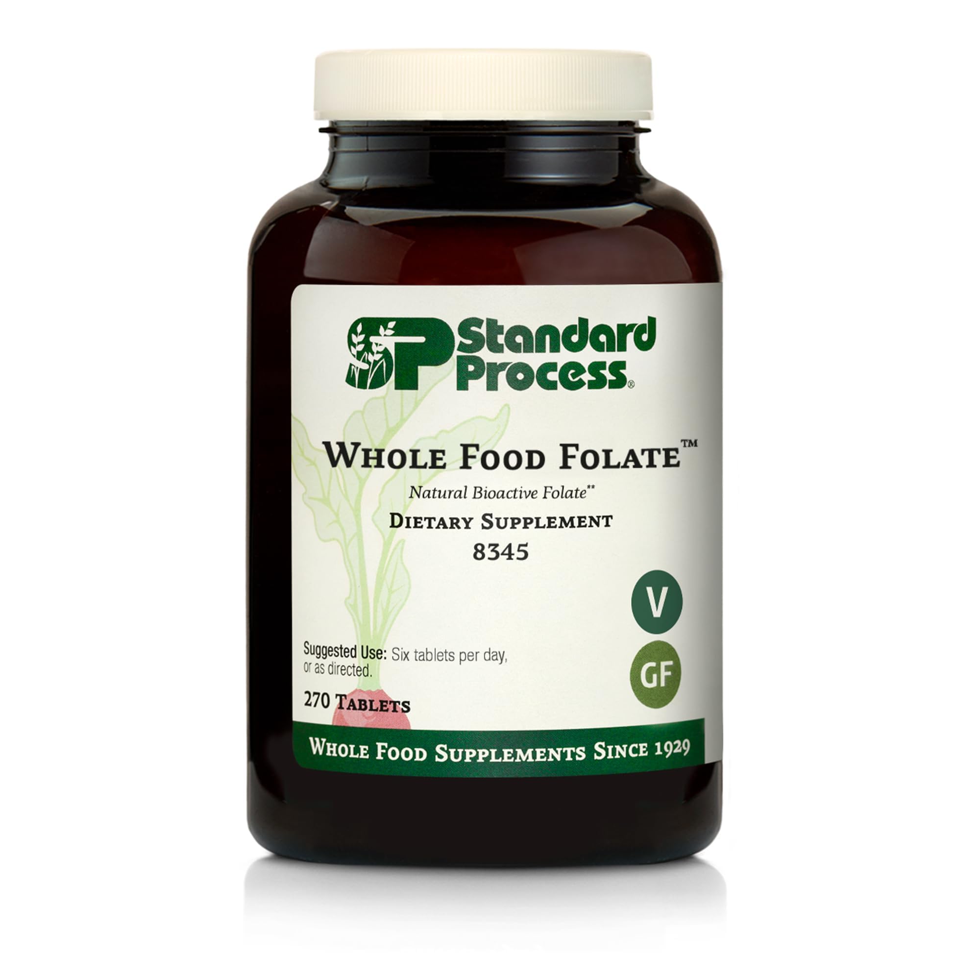 Standard Process Whole Food Folate bottle shows plant-based B9 and B12 support for daily wellness.