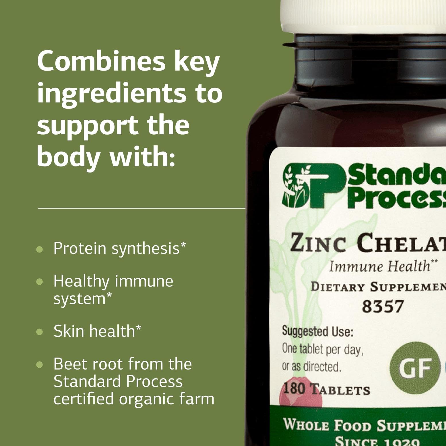 Standard Process Zinc Chelate ingredients list closeup showing transparent components.