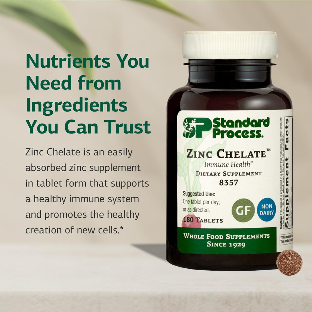 Standard Process Zinc Chelate tablets closeup, daily mineral source for health support.