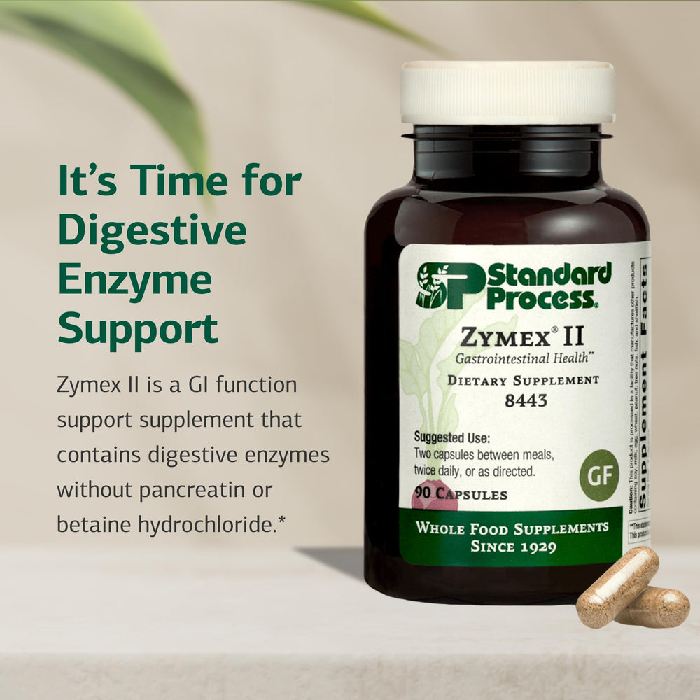 Standard Process Zymex II caplets close-up shows easy-to-swallow capsules