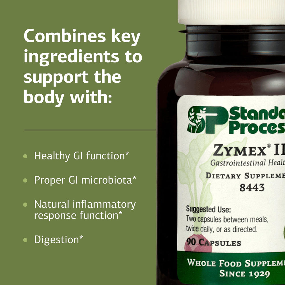 Standard Process Zymex II digestive enzymes graphic illustrates GI support concept