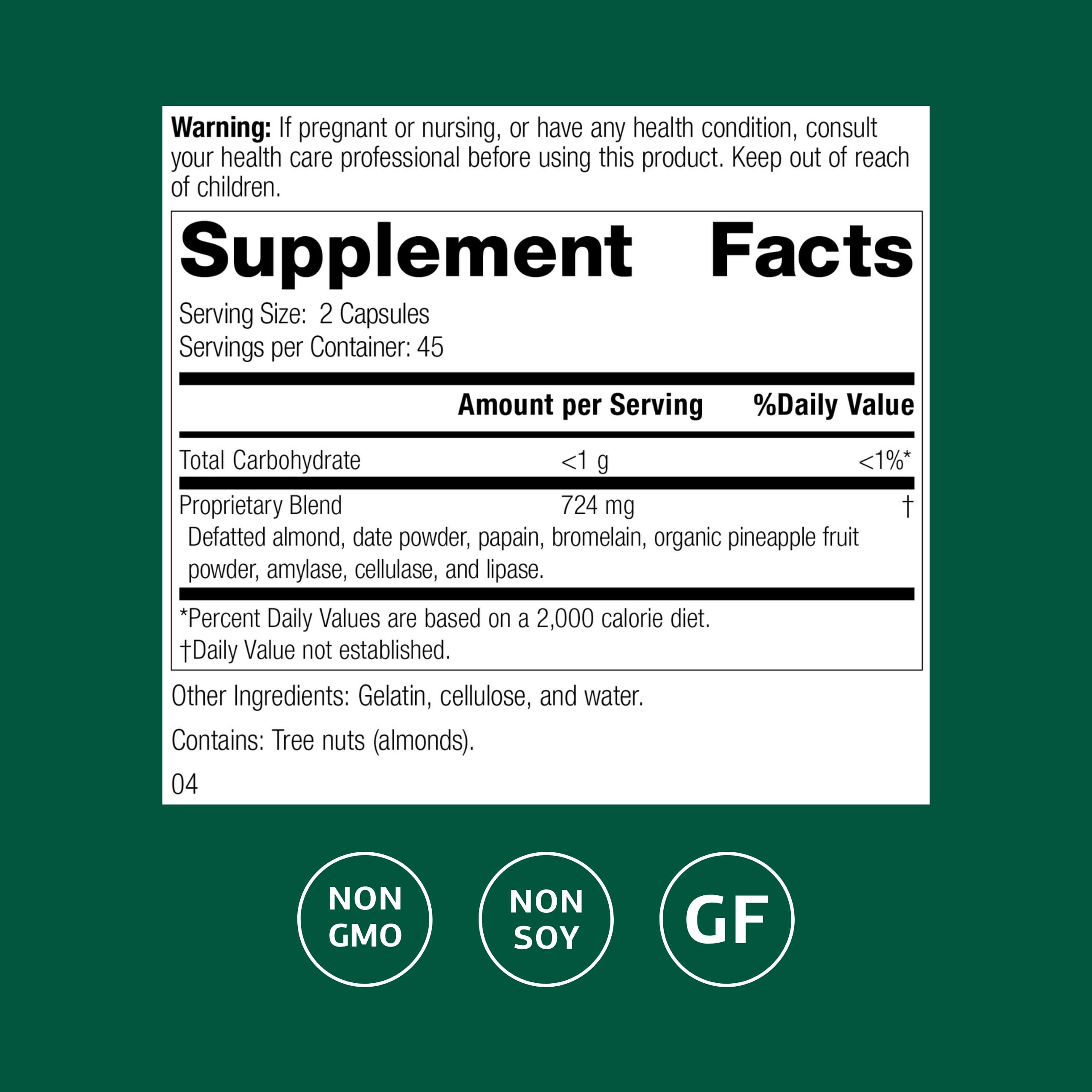 Standard Process Zymex II label highlights gluten-free and non-soy formulation