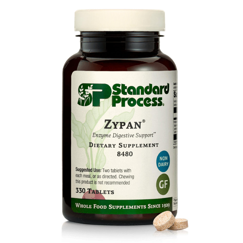 Standard Process Inc. Zypan bottle front view highlighting enzyme support for protein digestion.