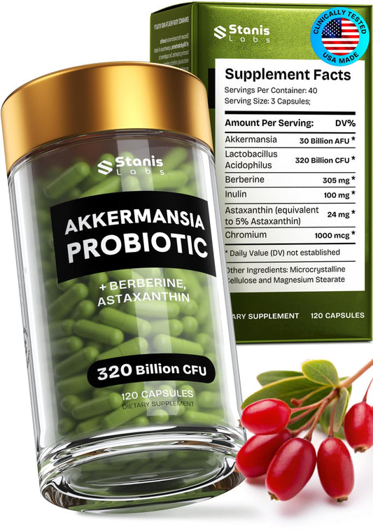 Stanis Labs Akkermansia bottle front for gut health support.