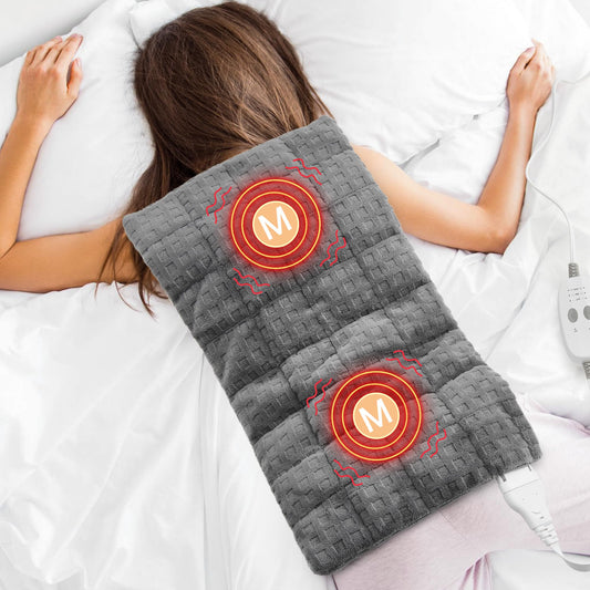 STARBEDIA weighted heating pad shows waffle texture and massager for tense shoulders.