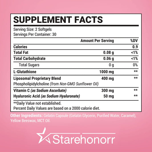 Starehonorr Liposomal Glutathione Softgels bottle side emphasizes dosage and daily use.