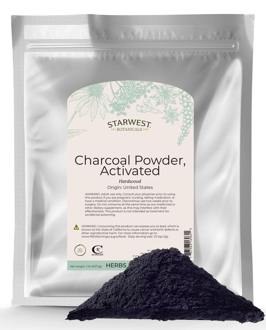 Starwest Botanicals Activated Charcoal Powder 2lb bag for purification in drinks and skincare.