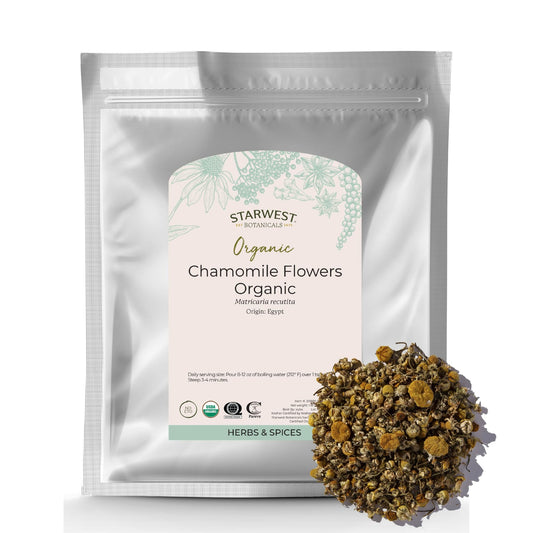 Starwest Botanicals chamomile flowers whole ideal for tea and baking.