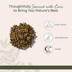 Cup of chamomile tea brewed from Starwest Botanicals flowers.