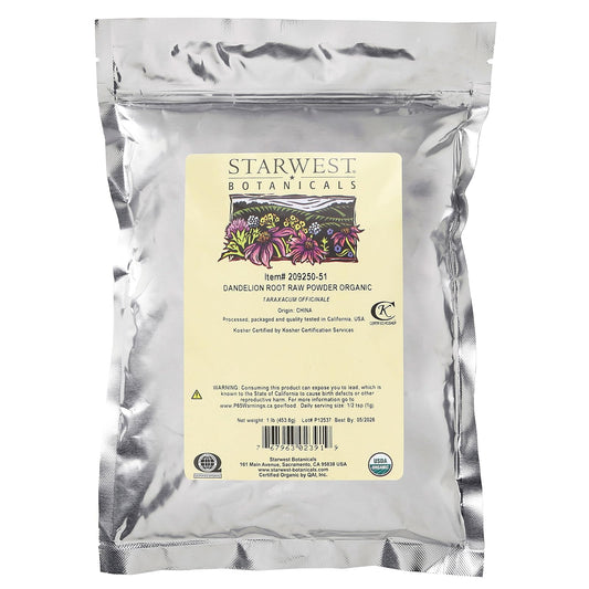 Starwest Botanicals organic dandelion root powder with scoop for daily culinary use.