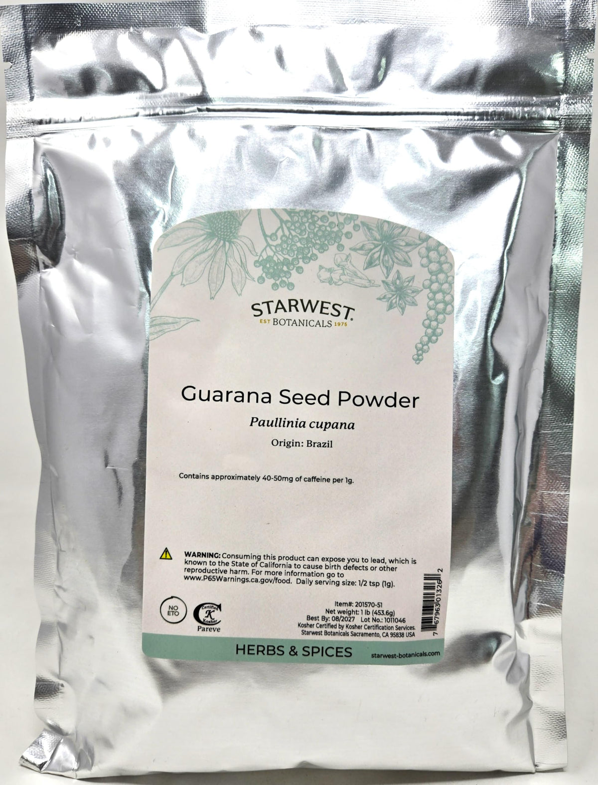 Starwest Botanicals Guarana Seed Powder bag, resealable packaging preserves freshness for easy storage
