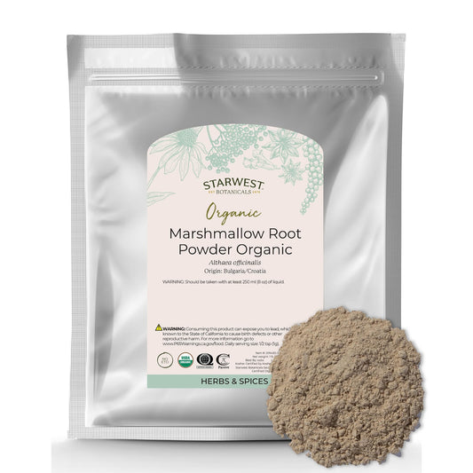 Starwest Botanicals marshmallow root powder bulk bag for tea blends.