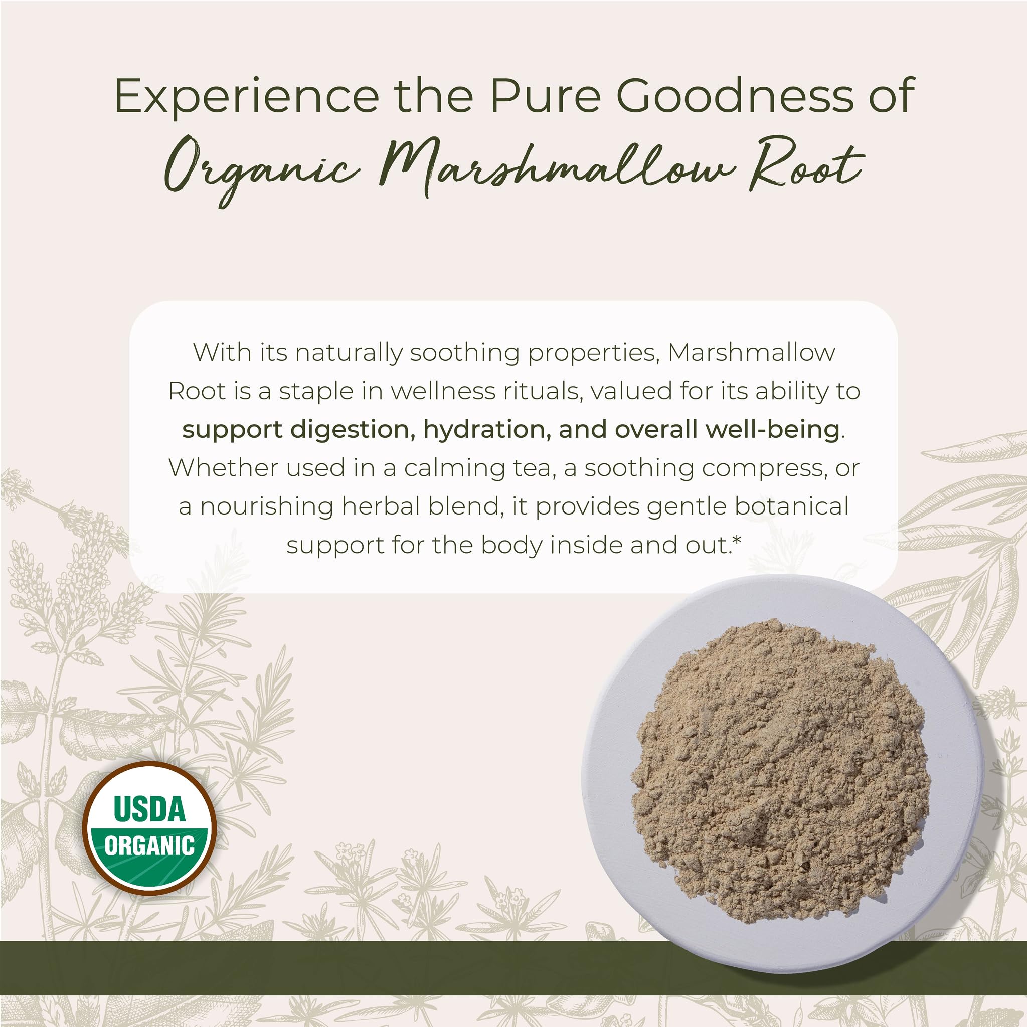 Starwest Botanicals marshmallow root powder measuring scoop for precise dosing.