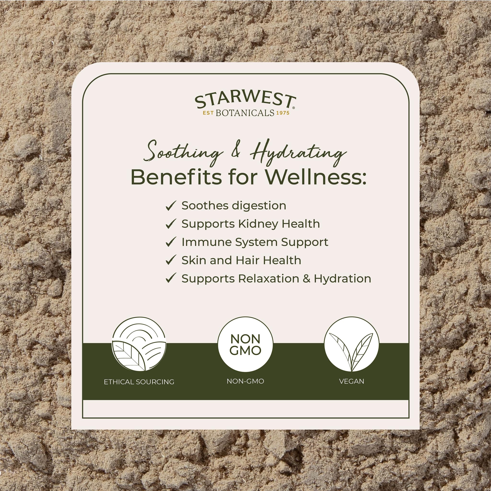 Starwest Botanicals marshmallow root powder in cup for tea blend.