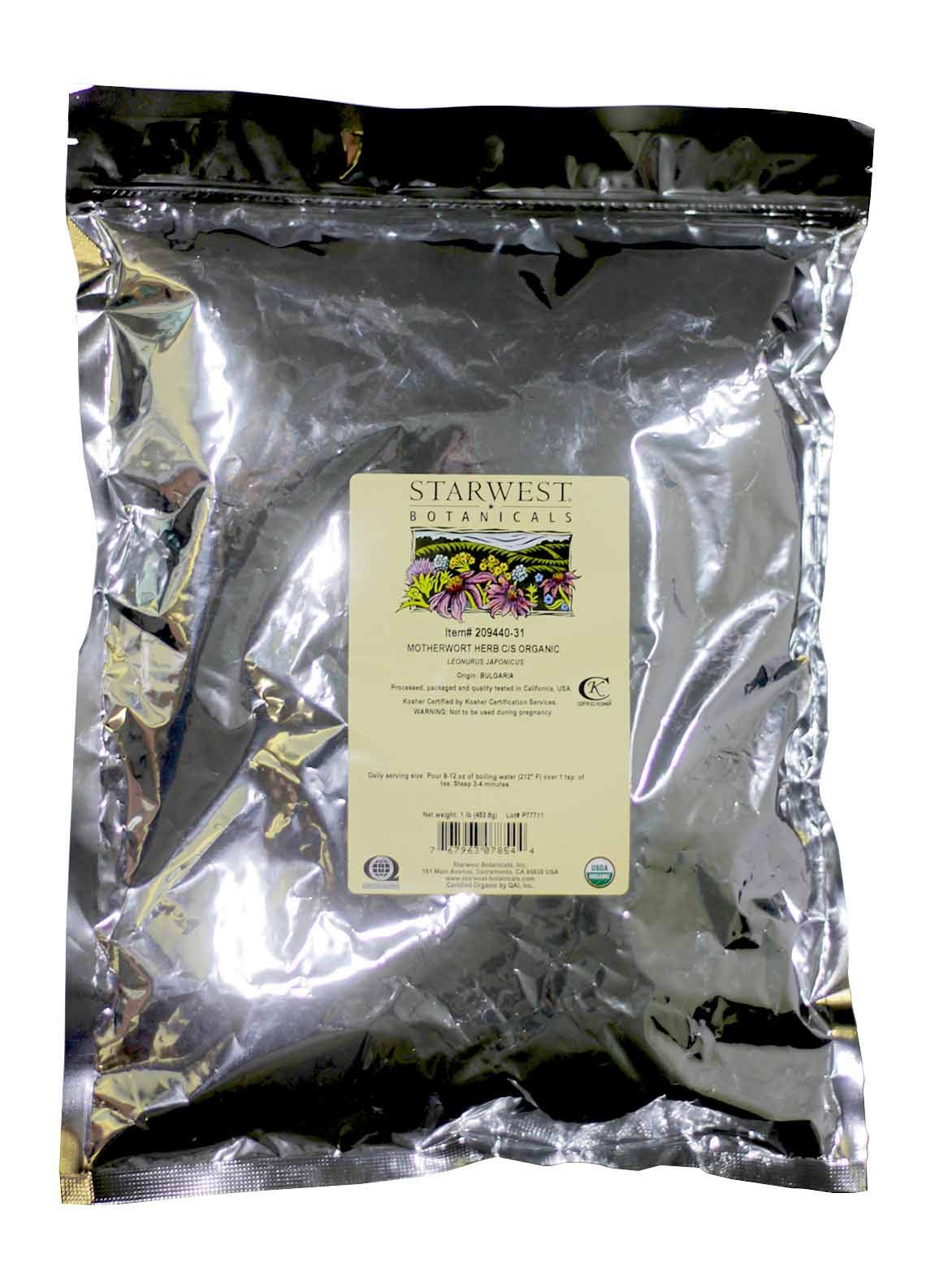 Starwest Botanicals motherwort herb, cut and sifted in a resealable organic bag for blends