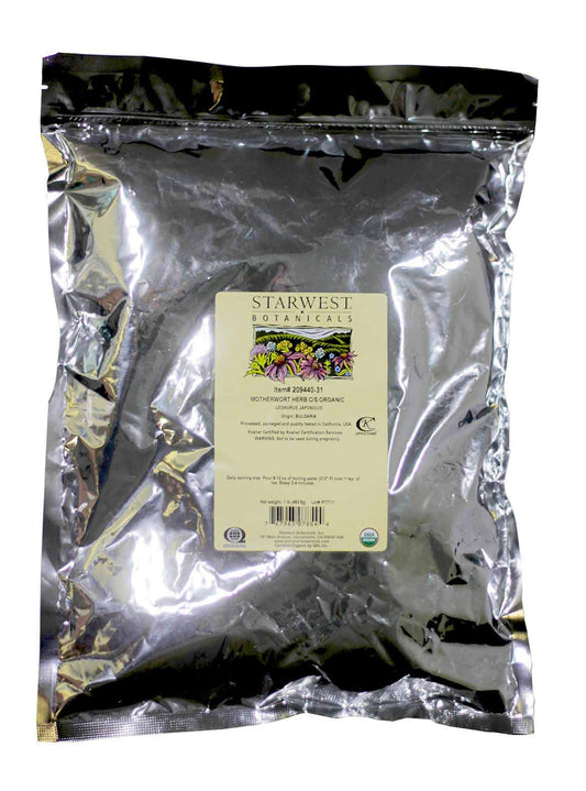 Starwest Botanicals motherwort herb, cut and sifted in a resealable organic bag for blends