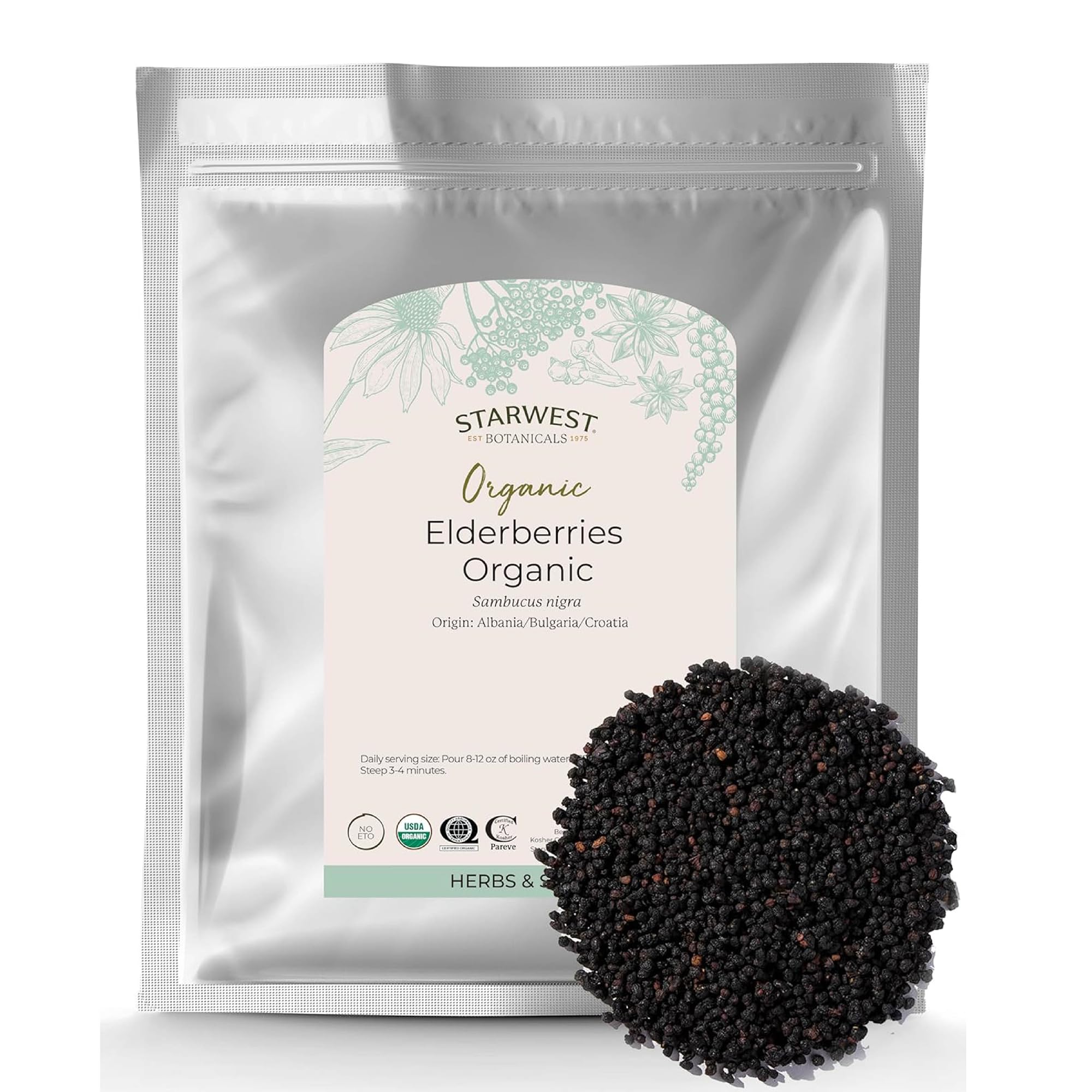 Starwest Botanicals organic elderberries bulk bag for pantry use, preserving freshness.