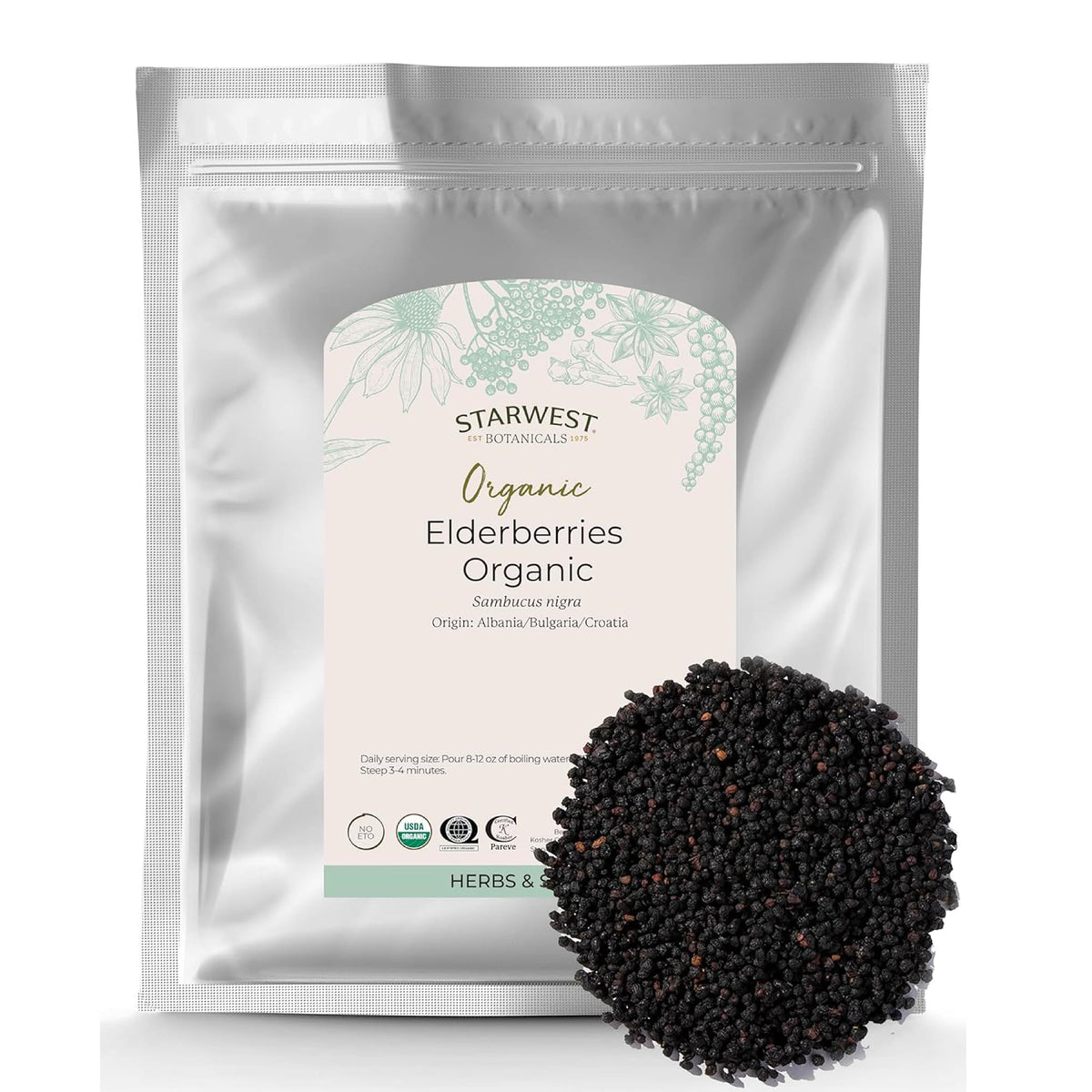 Starwest Botanicals organic elderberries bulk bag for pantry use, preserving freshness.