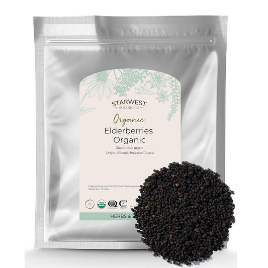 Starwest Botanicals organic elderberries bulk bag for pantry use, preserving freshness.