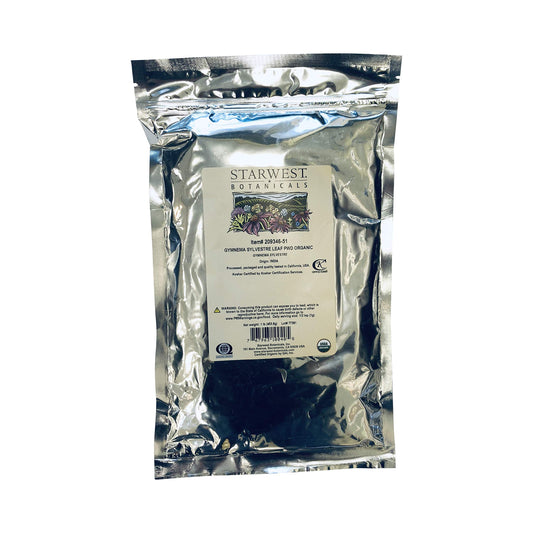 Starwest Botanicals Organic Gymnema Sylvestre leaf powder in resealable bag for easy daily use