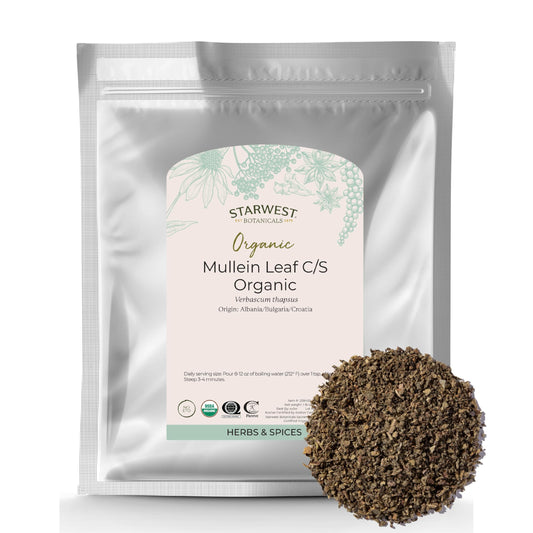 Starwest Botanicals Organic Mullein Leaf in dried loose form for herbal tea blends.
