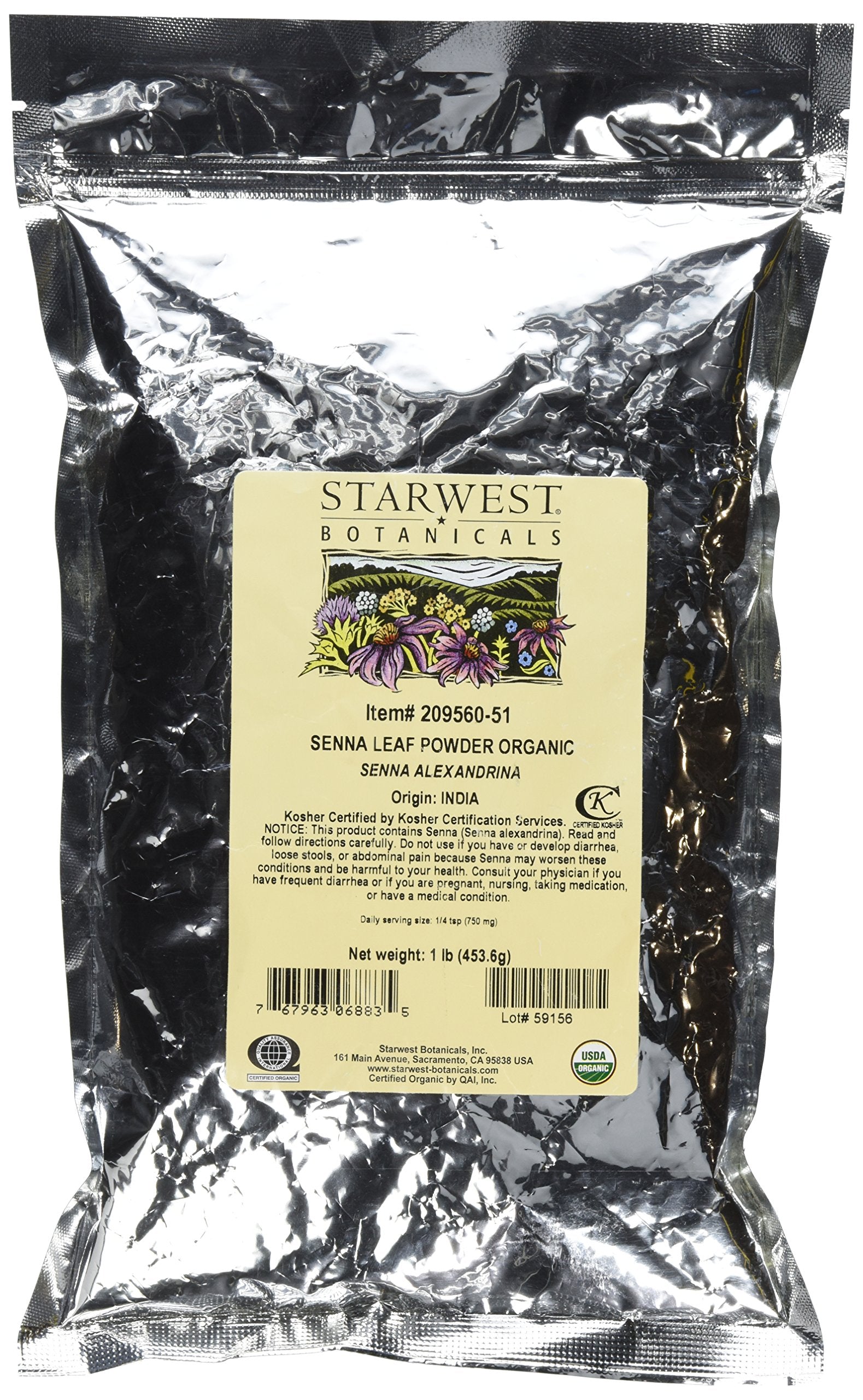 Starwest Botanicals Organic Senna Leaf Powder package for culinary use