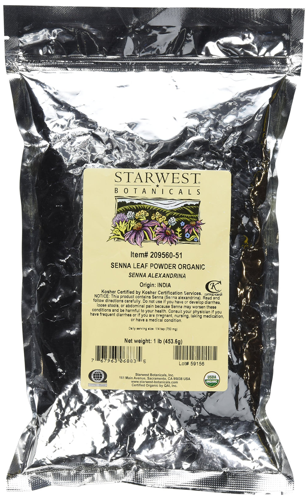 Starwest Botanicals Organic Senna Leaf Powder package for culinary use