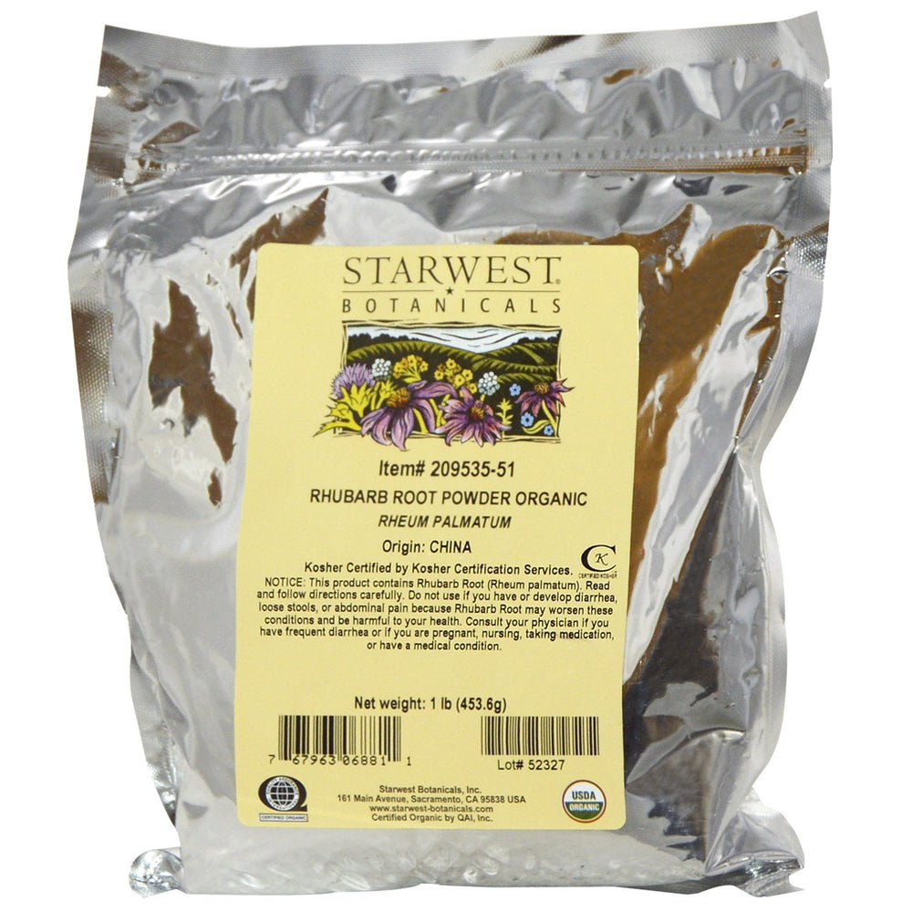 Starwest Botanicals rhubarb root powder container, premium ingredient for baking and flavoring.