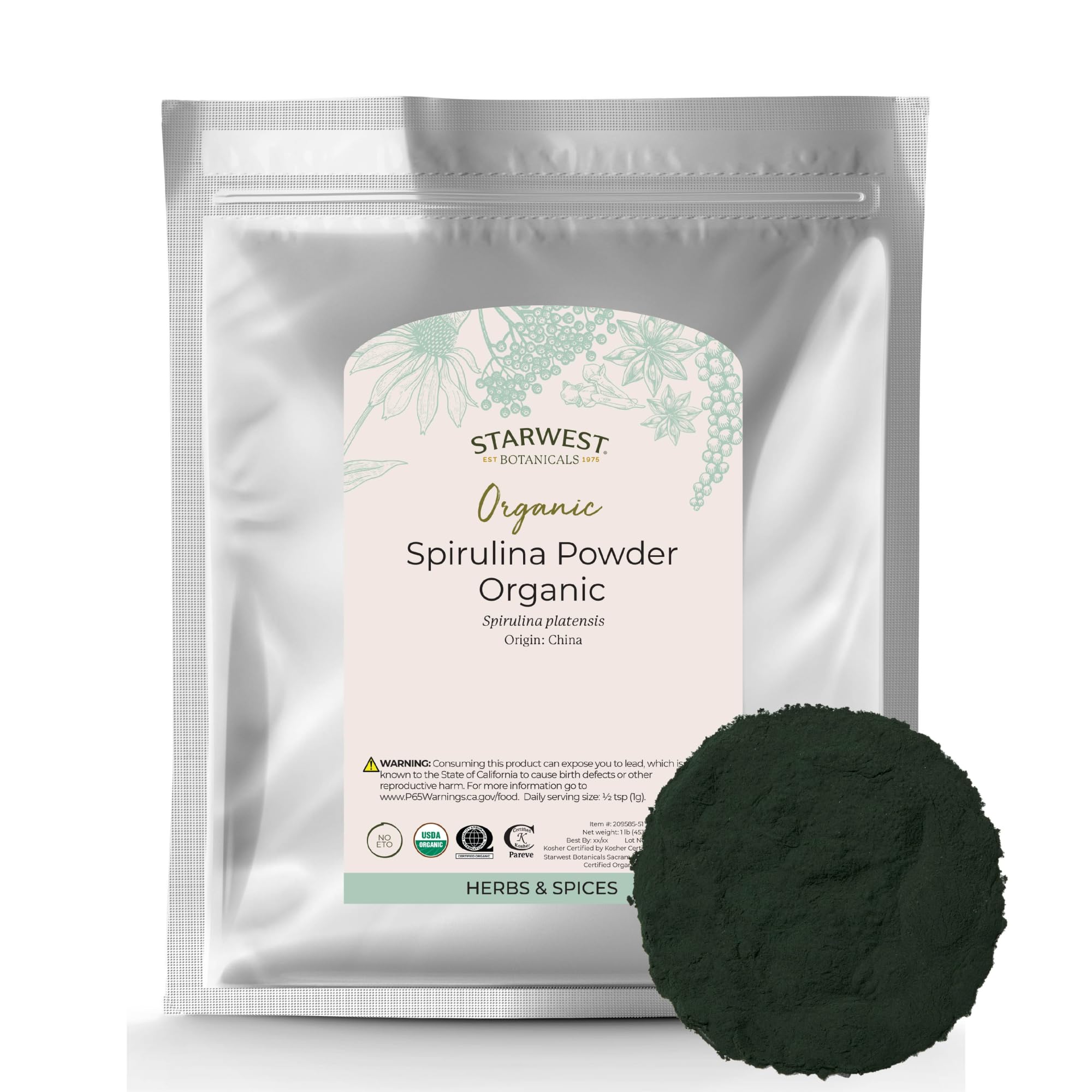 Starwest Botanicals spirulina powder bag ready for smoothies.