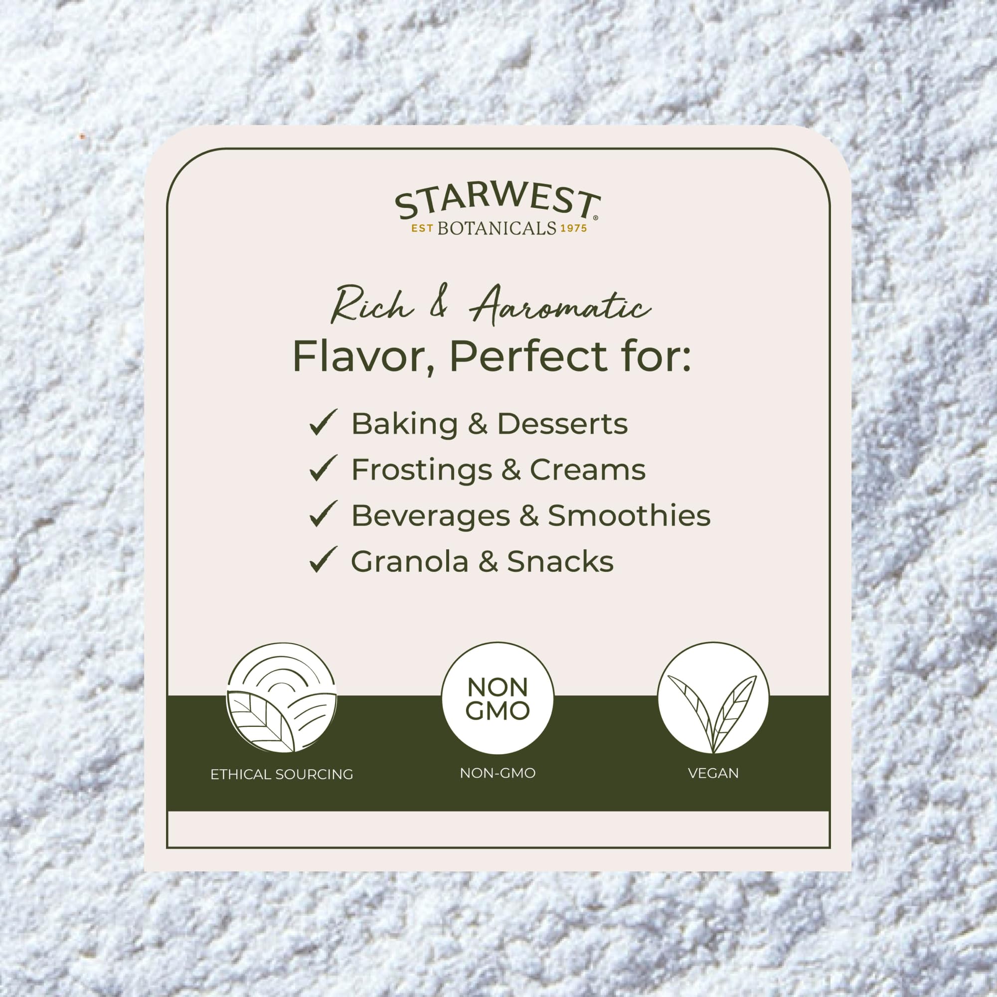 Starwest Botanicals vanilla powder ideal for baking, adding gourmet notes.