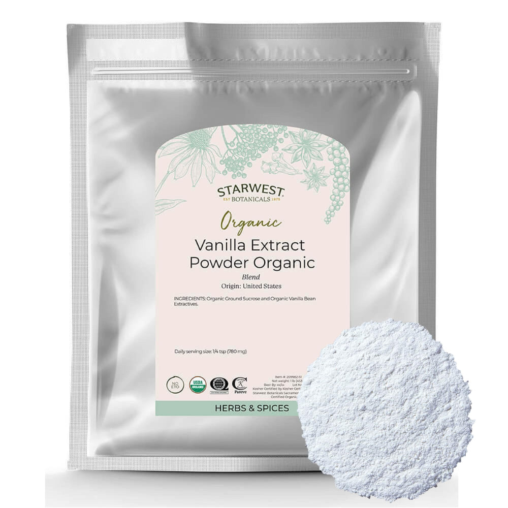 Starwest Botanicals vanilla powder jar closeup shows natural sweetness for baking.