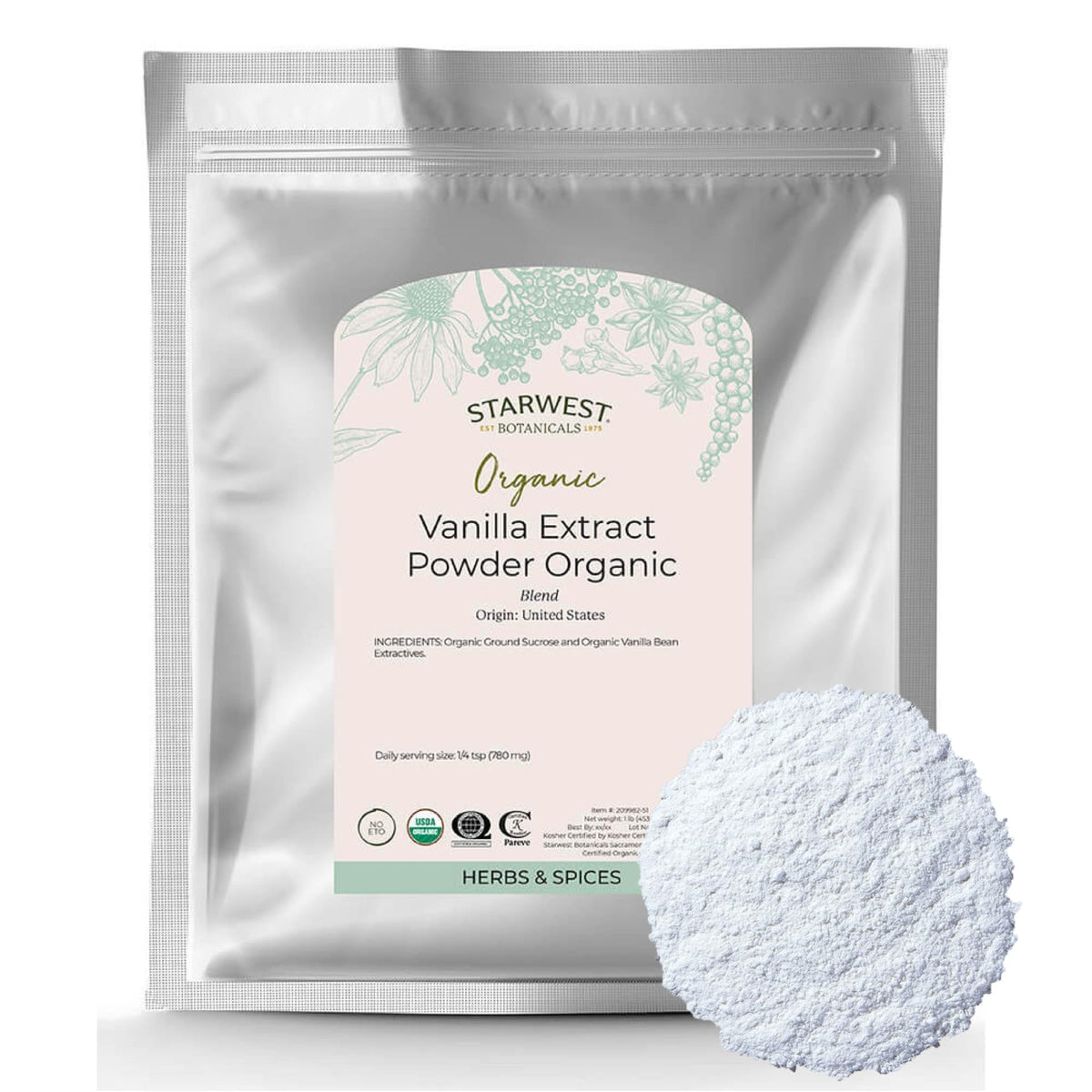 Starwest Botanicals vanilla powder jar closeup shows natural sweetness for baking.