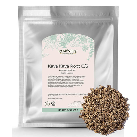 Starwest Botanicals Kava Kava Root dried, cut and sifted for tea rituals.