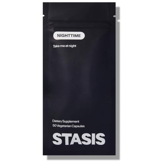 STASIS Nighttime bottle front suggesting a calm, organized nightly routine