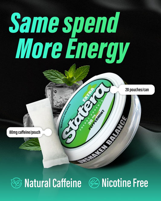 Statera Energy Pouches 5-pack tin highlights portable energy for travel.