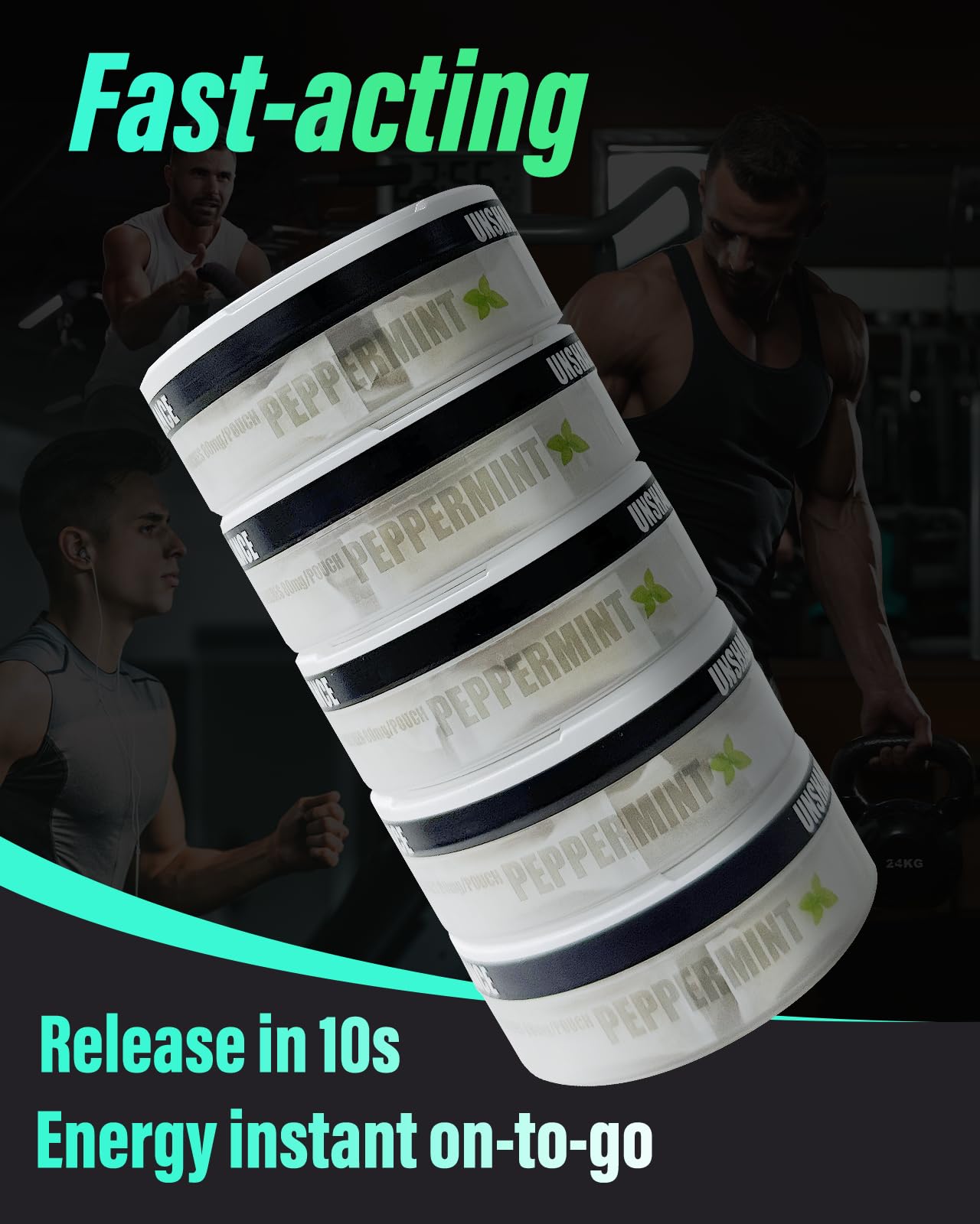 Statera Energy Pouches label notes 80mg caffeine per pouch for focused moments.