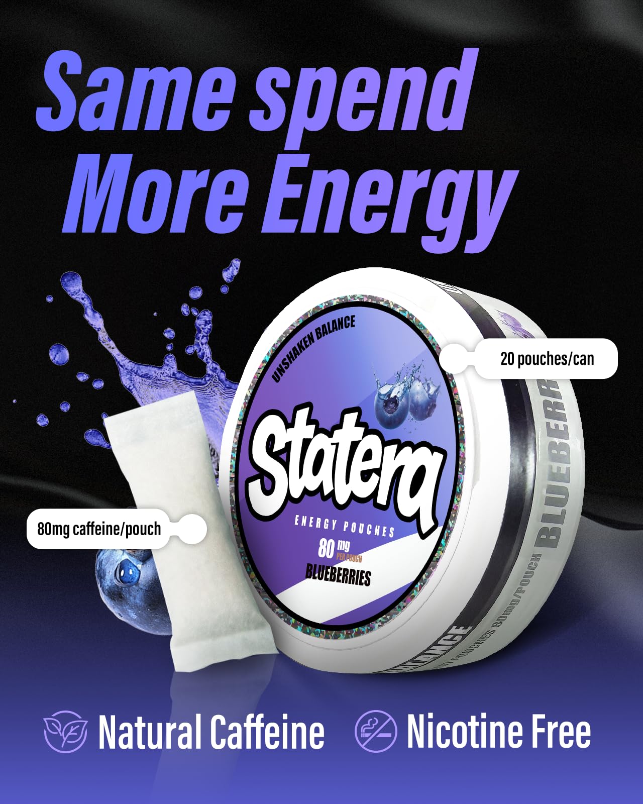 Statera Energy Pouches label closeup highlighting natural caffeine ingredients