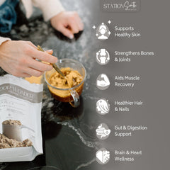 Station South Collective hydrolyzed multi collagen powder in water shows quick protein support.