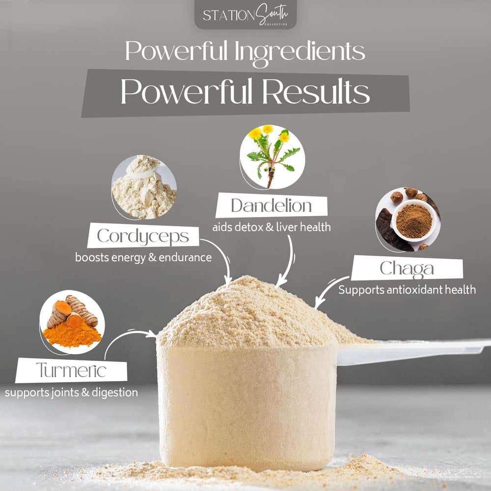 Station South Collective label close-up highlights 35+ ingredients for daily vitality.