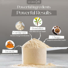 Station South Collective label close-up highlights 35+ ingredients for daily vitality.