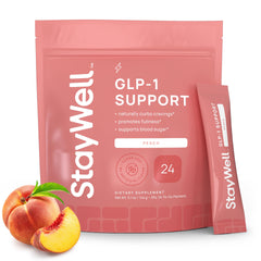 Stay-Well Naturals GLP-1 Booster peach bottle shows convenient daily support for appetite management
