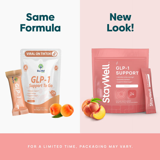 Stay-Well Naturals GLP-1 Booster powder scoop hints at easy mixing into daily routines