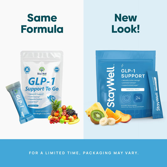 Stay-Well Naturals GLP-1 drink mix sachet shows portable for on-the-go cravings control.